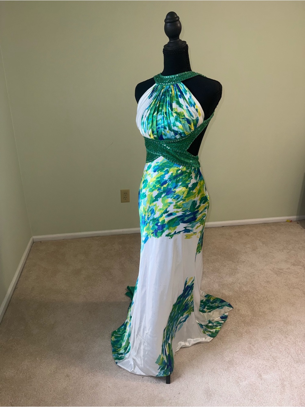 Morgan & Co. White Halter Backless Gown with Green and Blue Accents